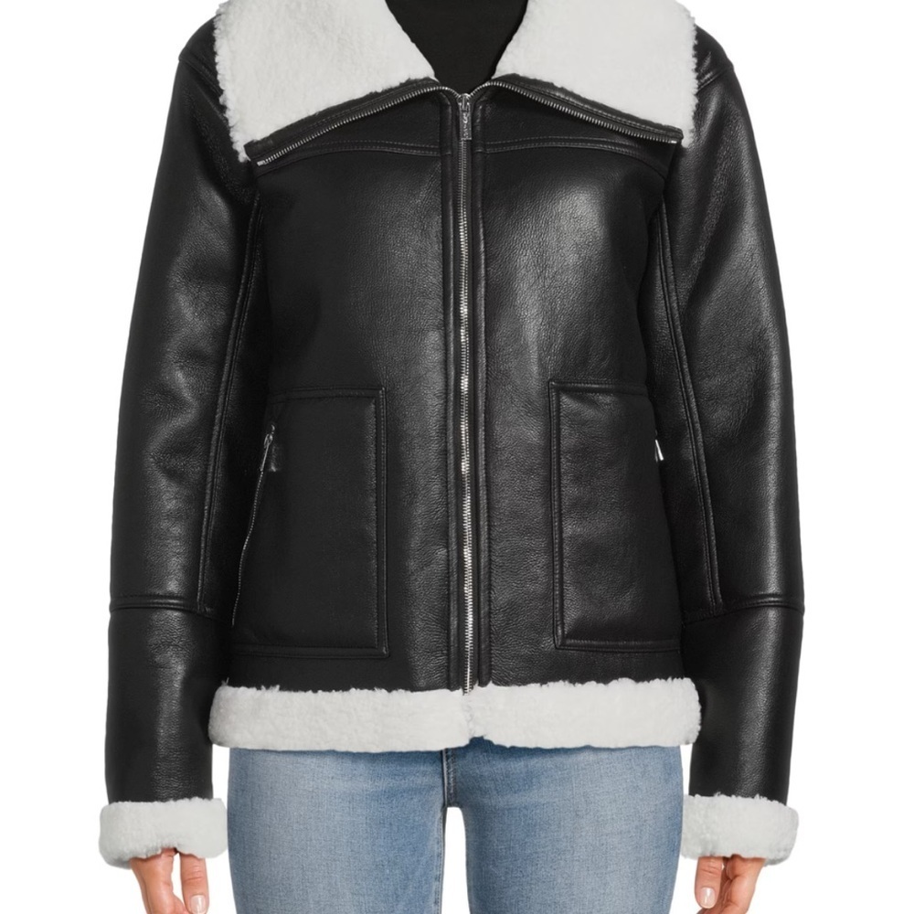 Calvin Klein Y2K 90s Faux Shearling Trim Aviator Moto Biker Jacket Black M NWT